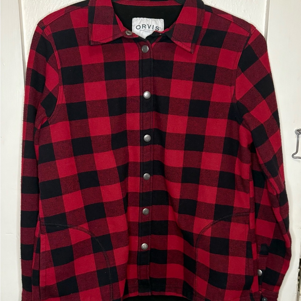 Orvis Size M Red Black Buffalo Plaid Flannel Jacket Shirt Snap Button Shacket